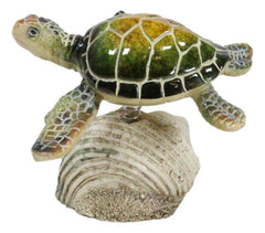Marine Green Sea Turtle Swimming Over Partridge Tun Shell Spring Bobble Figurine-2