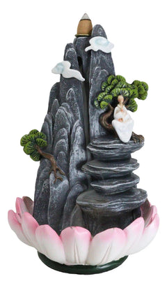 Zen Rocky Mountain Steppes With Monk On Giant Lotus Backflow Cone Incense Holder-5