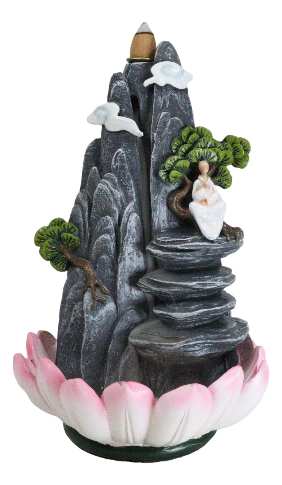 Zen Rocky Mountain Steppes With Monk On Giant Lotus Backflow Cone Incense Holder-5