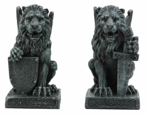 Stoic Notre Dame Roaring Lion Heart Sword & Shield Bearer Gargoyle Figurine Set-1