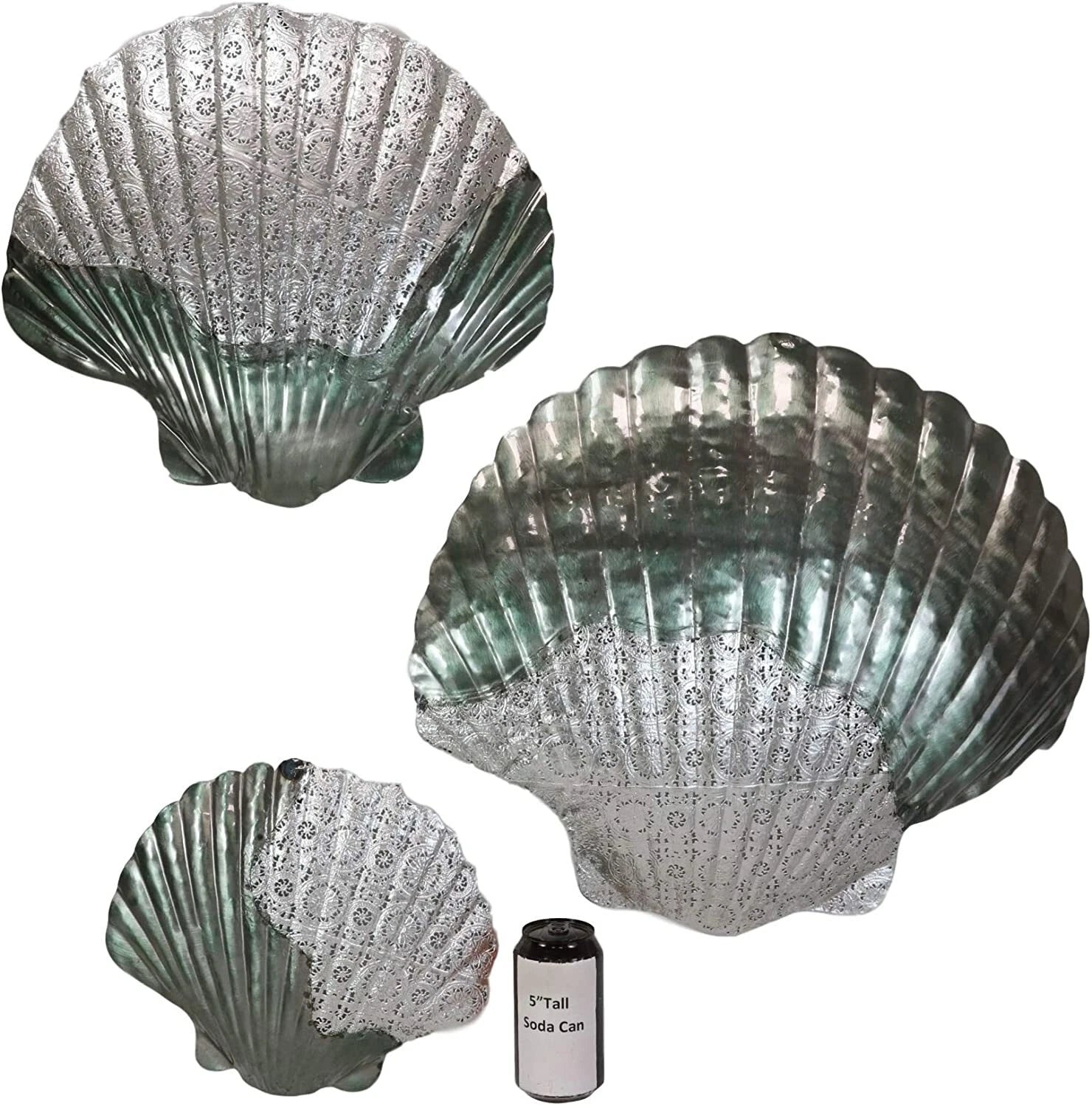 Silver Filigree Capiz Green Nautical Sea Shell Clams 3 Sizes Set Wall Decors-4