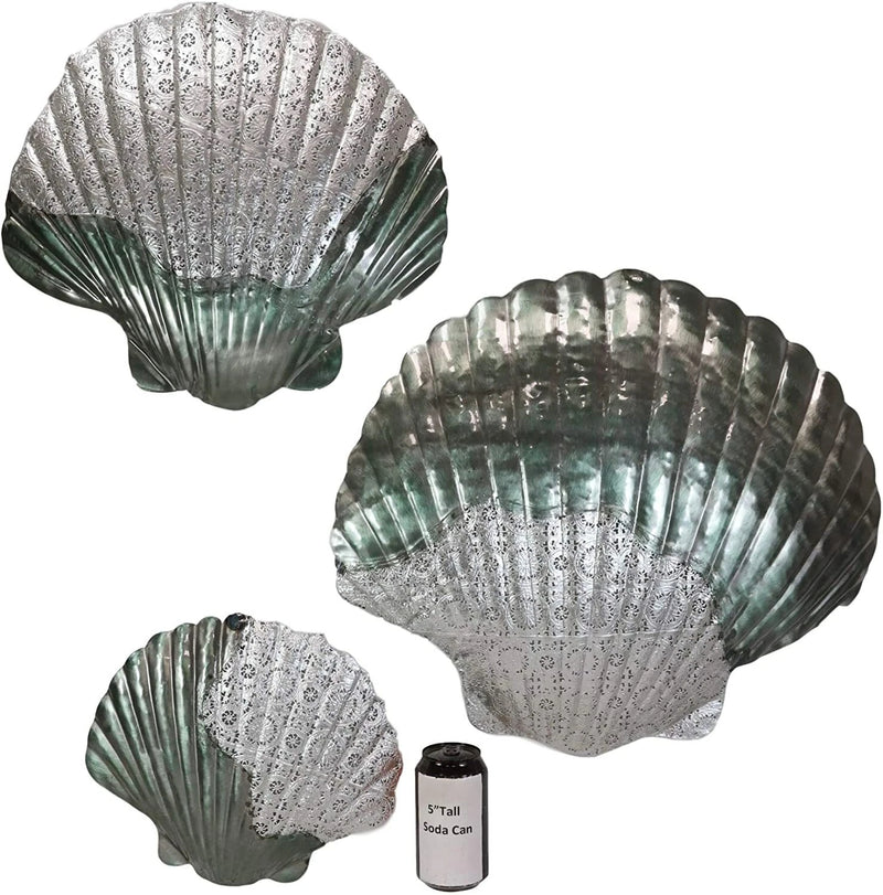 Silver Filigree Capiz Green Nautical Sea Shell Clams 3 Sizes Set Wall Decors-4