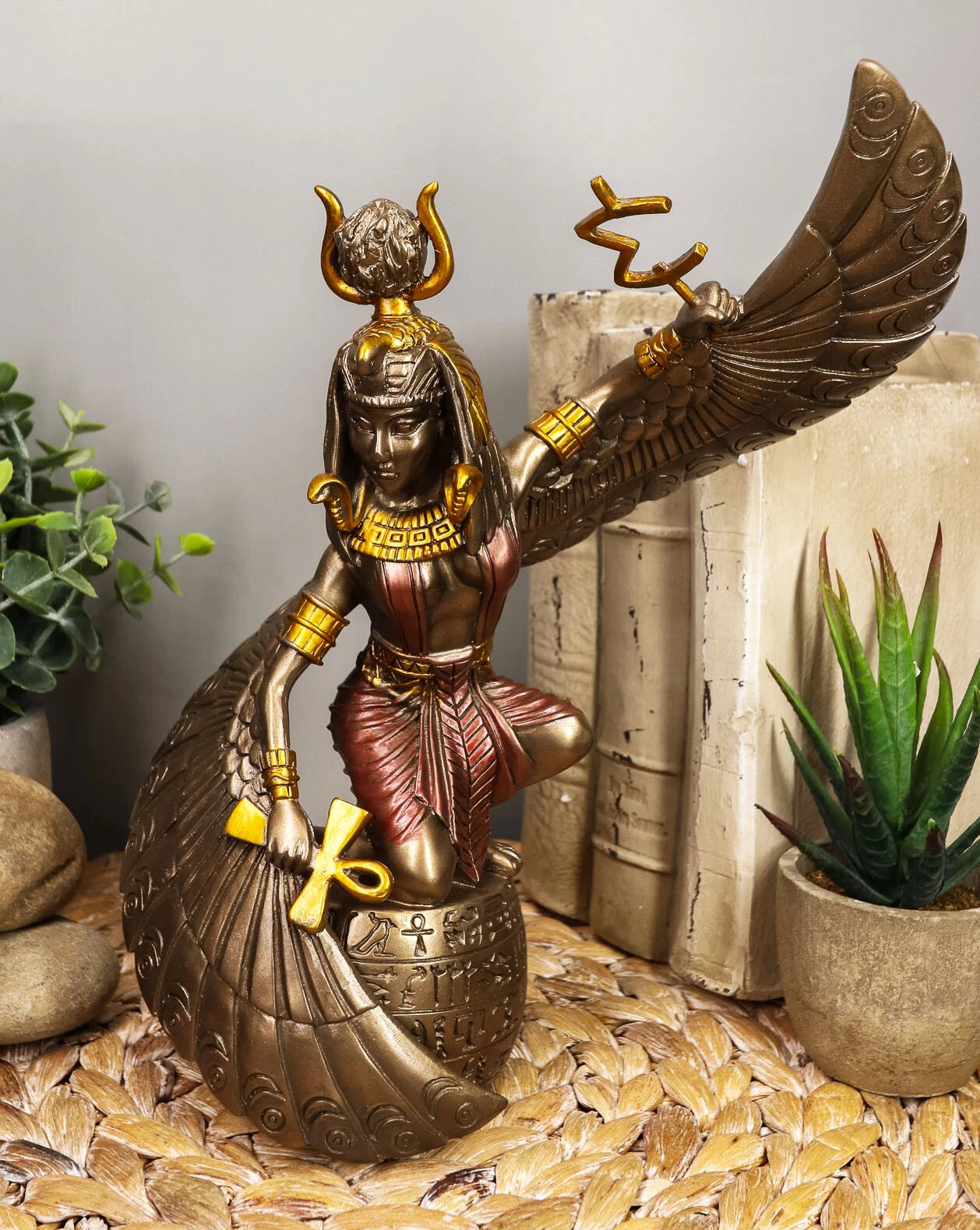 Egyptian Goddess Figurine, Isis & Ra Holding Ankh Statue 9" Tall, Collectible Home Decor, Shelf Display, Desk Accent, Ancient Egypt Mythology, Egyptian Home Ornament Gift