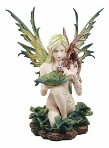 Estatua de hada tribal del bosque desnuda de 33 cm de alto alimentando a un dragón.-5