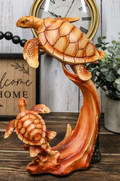 Mother and Baby Sea Turtle Decor Statue 9" Tall Faux Wood Resin Figurine-1