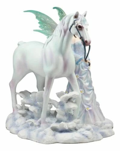 Aurora Borealis Winter Fairy With Sacred White Horse Statue 10"Long Nene Thomas-3