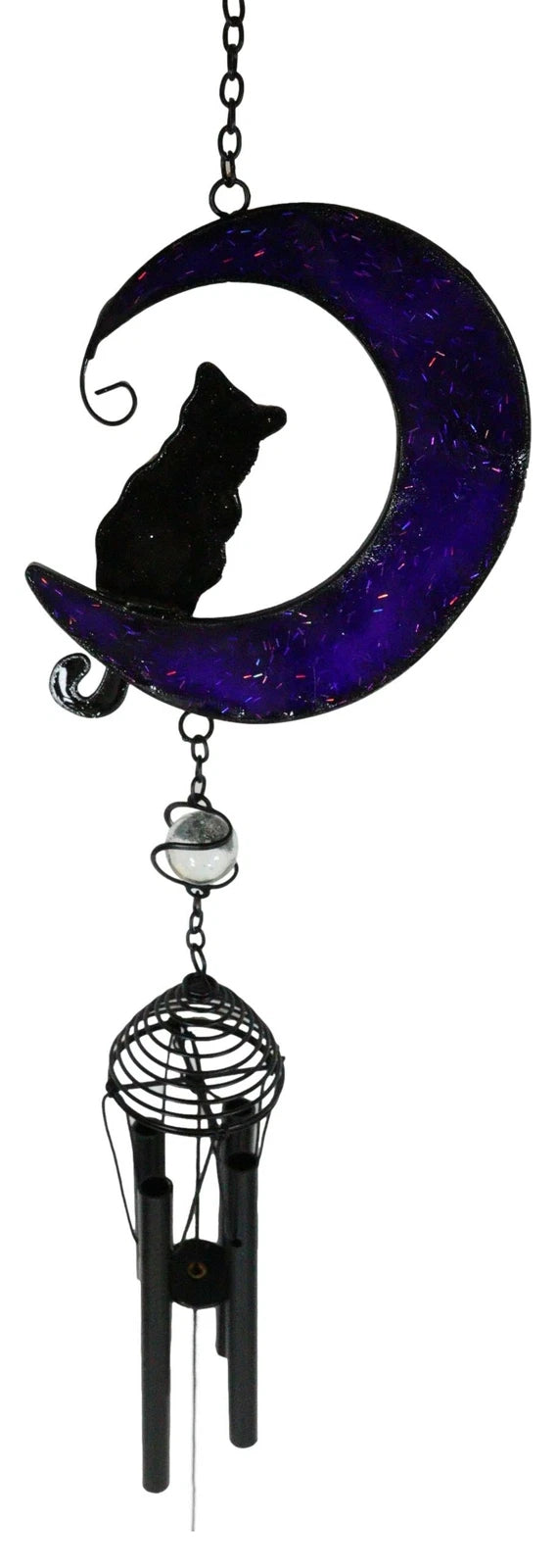 Witchcraft Black Cat On Purple Crescent Moon Stained Glass Wind Chime Suncatcher-5