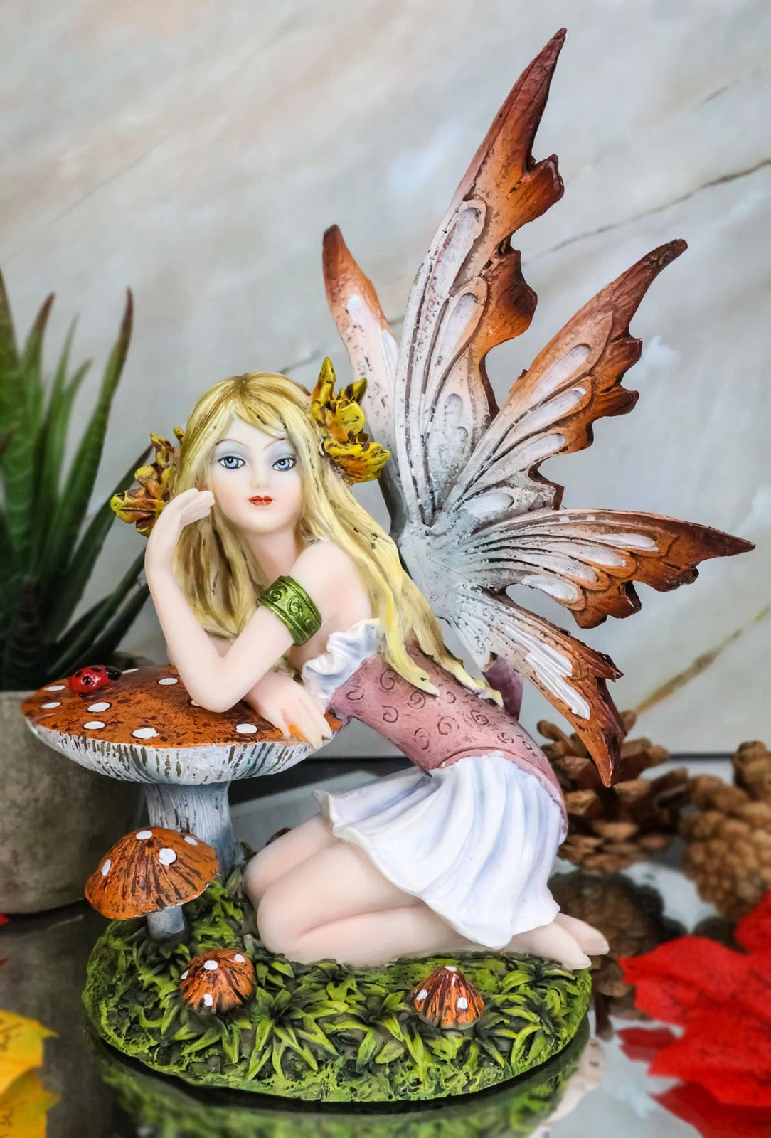 Enchanted Forest Fall Ladybug Mushroom Fairy Sitting by Toadstools Figurine-1