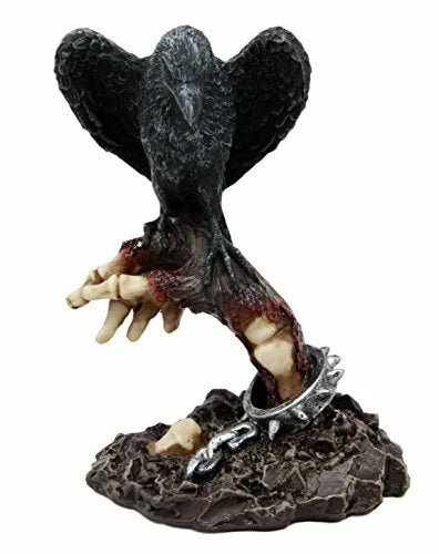 Gothic Raven Crow On Shackled Zombie Hand Emerging From Graveyard Statue Decor-3