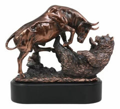 Wall Street Stock Market Charging Bull Trouncing Bear Statue With Pedestal Base-4