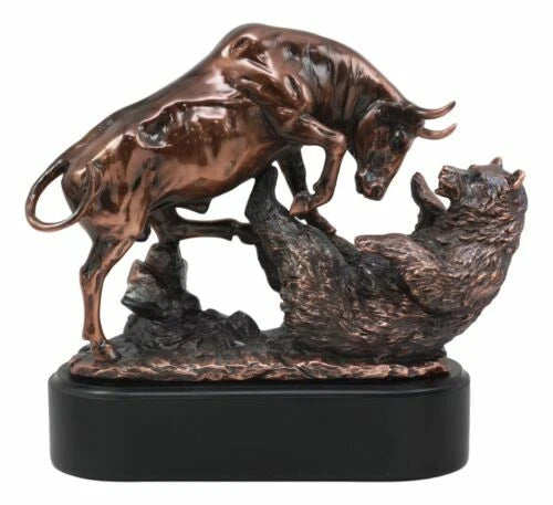 Wall Street Stock Market Charging Bull Trouncing Bear Statue With Pedestal Base-4