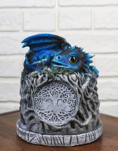 Blue Wyrmling Dragon Sleeping On Tree Of Life Stump Cone Incense Burner Figurine-1