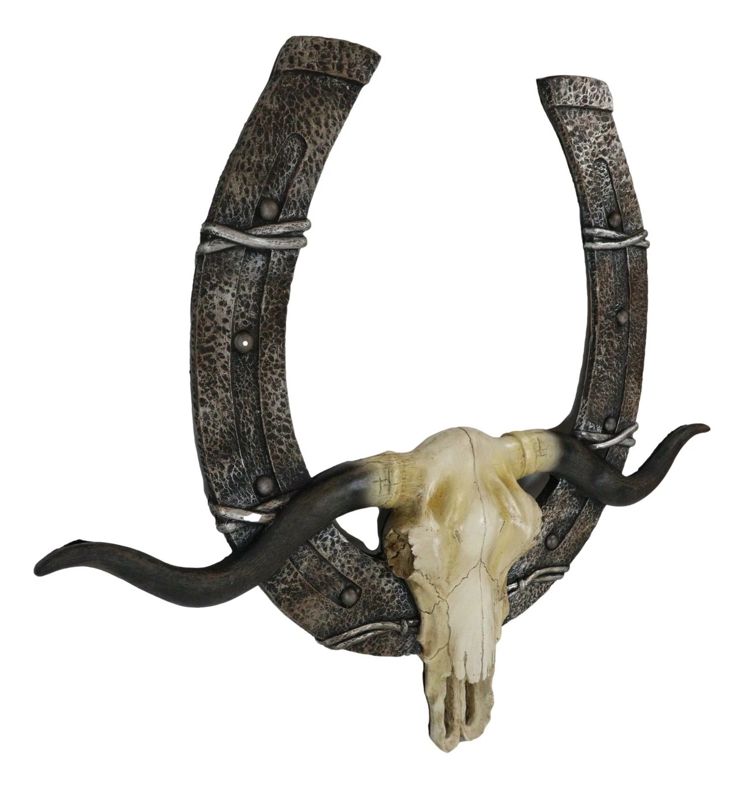 21" L Rustic Western Longhorn Bull Cow Skull With Giant Horseshoe Wall Decor-3