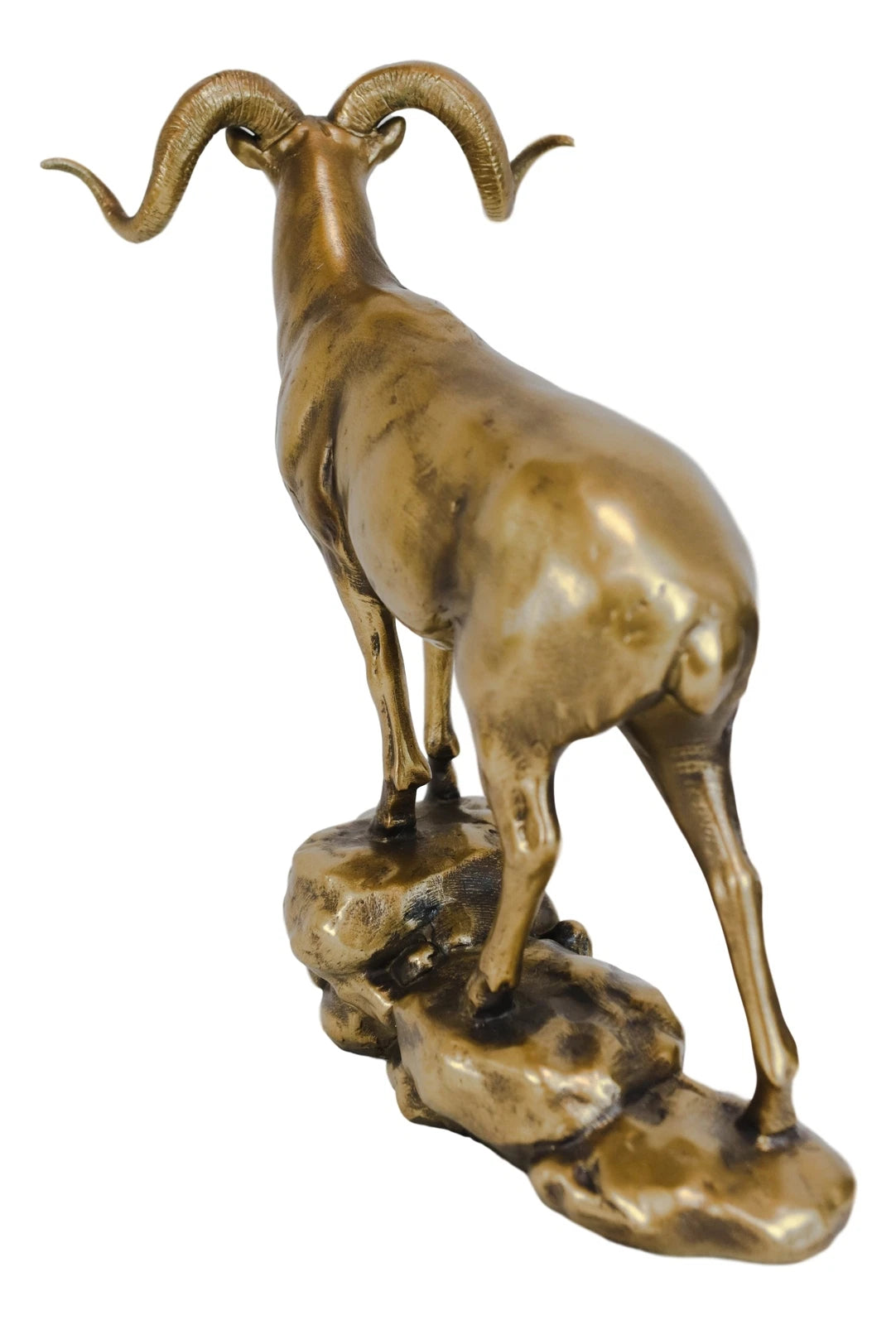 Large Country Wildlife Bighorn Sheep Ram Climbing On Rock Statue In Gold Patina-4