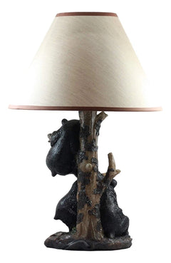 Climbing Black Bear Cubs Table Lamp Statue Decor With Bear Face Shade-6