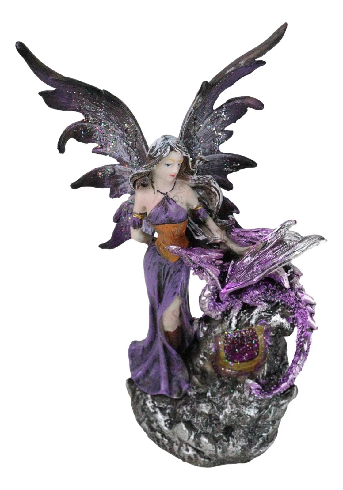 Purple Fairy With Dragon Sitting On LED Crystal Geode Night Light Statue Decor-5