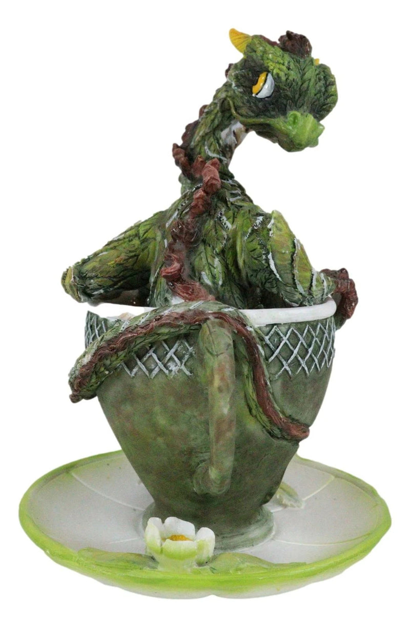 Fantasy English Green Tea Leaves And Flowers Dragon In Teacup & Saucer Figurine-4