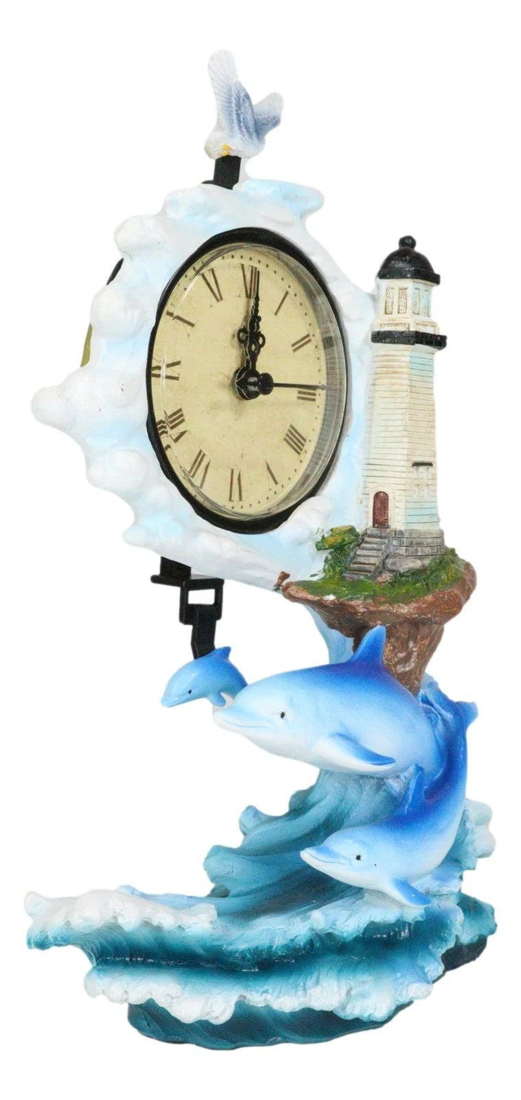Nautical Marine Bottlenose Dolphins Family In Waves By Lighthouse Table Clock-3