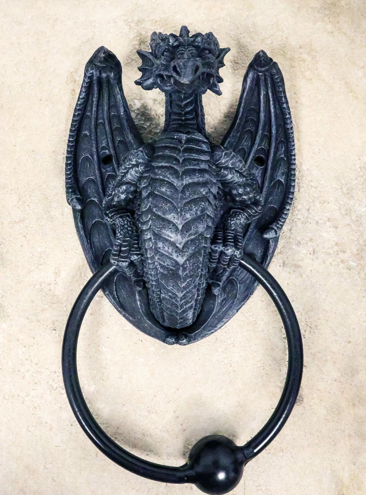 Faux Stone Fantasy Saurian Dragon Grasping Door Knocker Home Decor 8"H