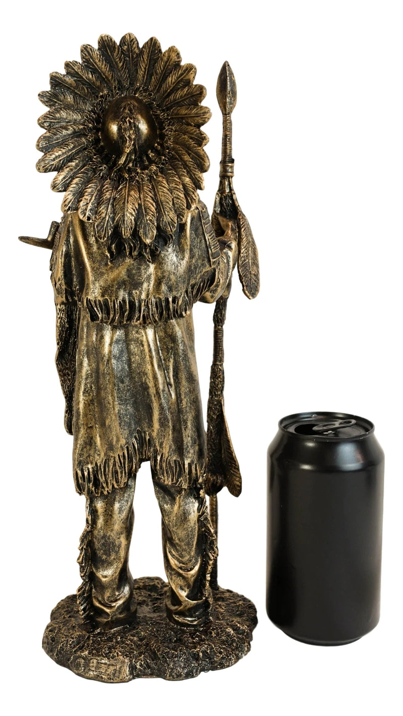 Native American Indian Chief With Eagle Roach Spear And Chalumet Pipe Statue-3