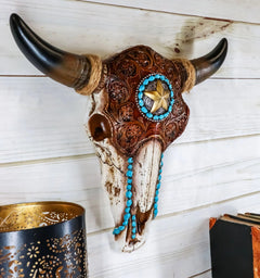 Western Star Tooled Leather Steer Bison Buffalo Bull Cow Horned Skull Wall Decor-2