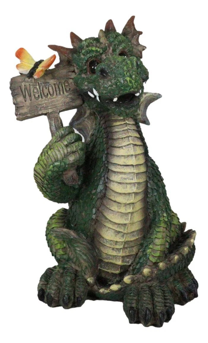 Whimsical Green Garden Dragon With Butterfly With Welcome Plank Sign Figurine-2