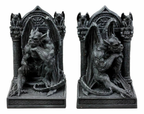 Medieval Age Gothic Sculptural The Thinker Gargoyle Bookends Figurine Set 6.25"H-4