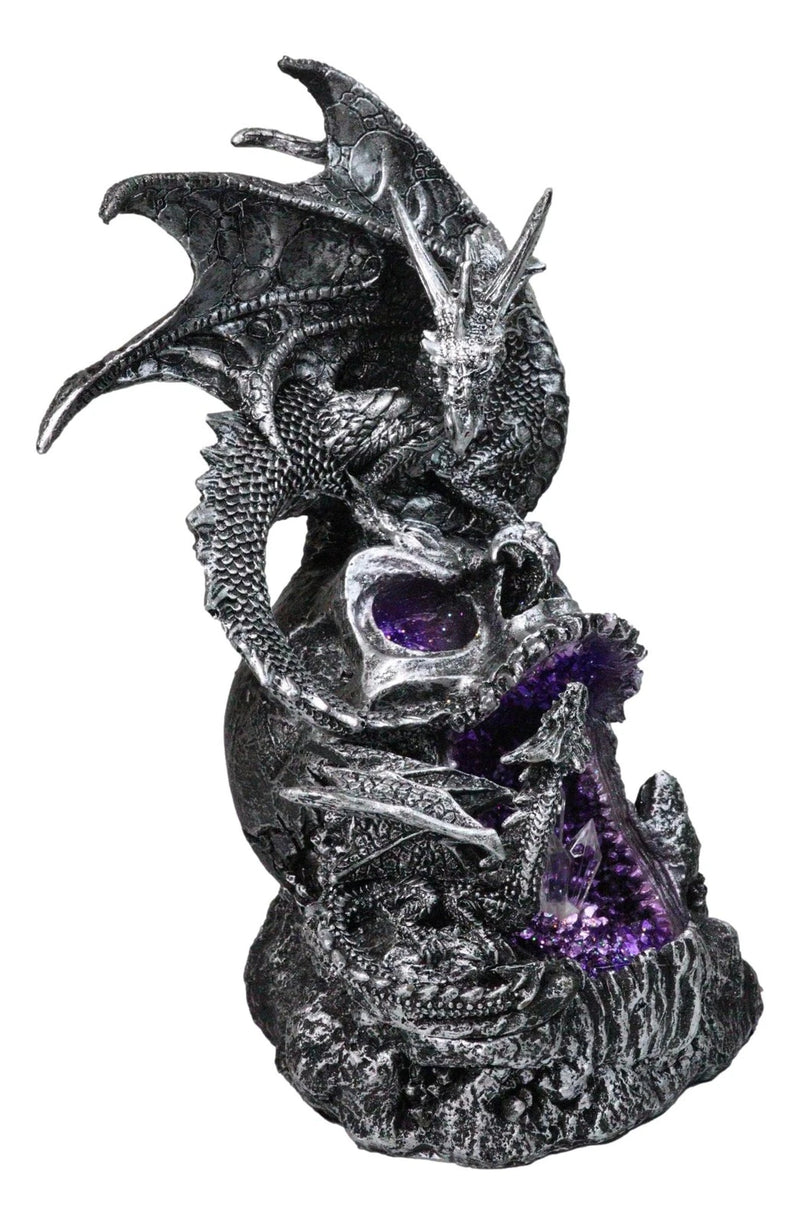 Silver Gothic Dragon On Oversized Skull with Faux Geode Crystal LED Figurine-4