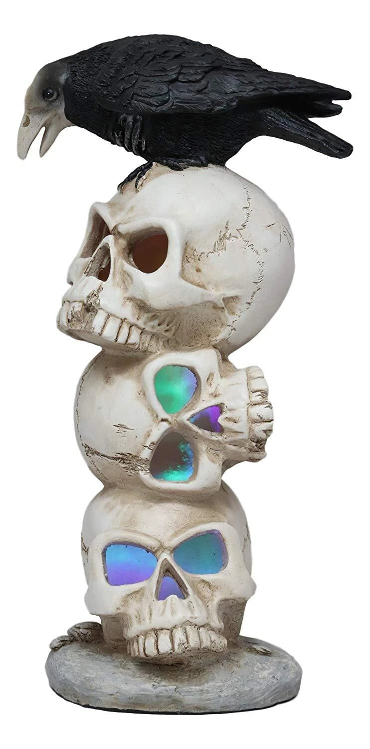 Gothic Raven Crow Bird Perching On Totem Stacked Skulls With LED Light Statue-1