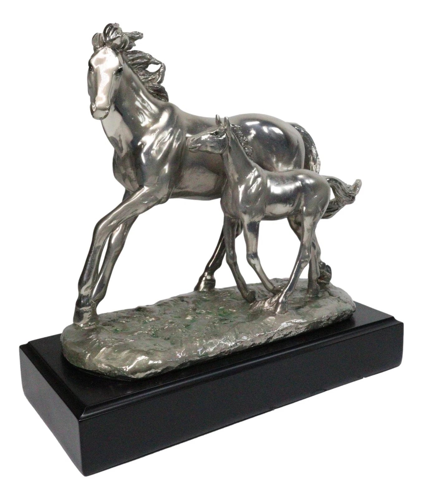 Western Horse and Foal Chrome Electroplated Resin Figurine With Museum Base