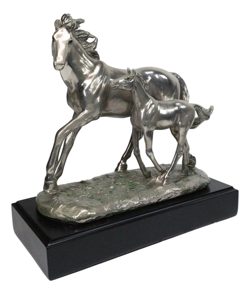 Western Horse and Foal Chrome Electroplated Resin Figurine With Museum Base-2