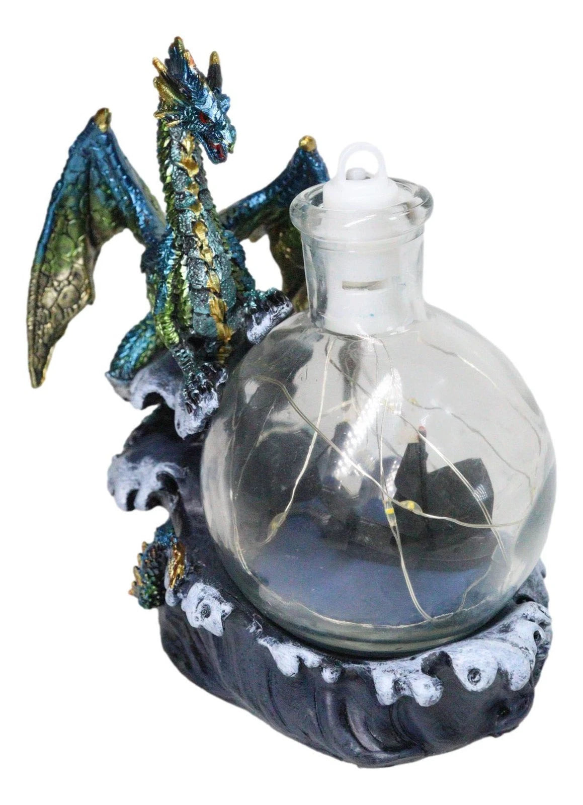 Metallic Frozen Sea Dragon Rising Above Waves by Glass Bottle With Ship Figurine-2