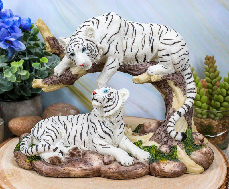 Figura de árbol curvado de pareja de tigres blancos de Bengala siberianos que retozan en la jungla-1