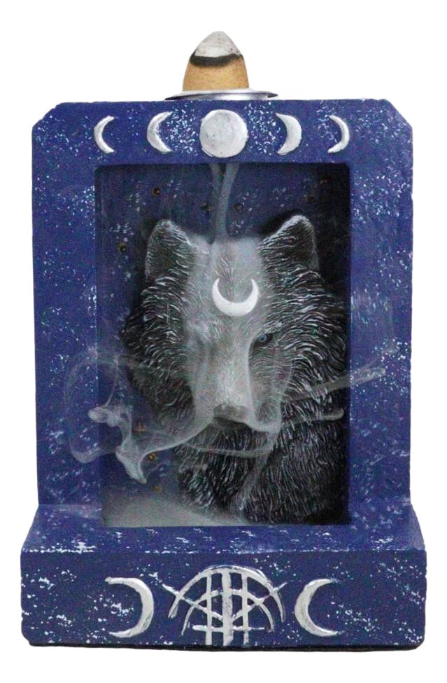 Phases Of The Moon Alpha Black Wolf With Crescent Mark Backflow Incense Burner-2