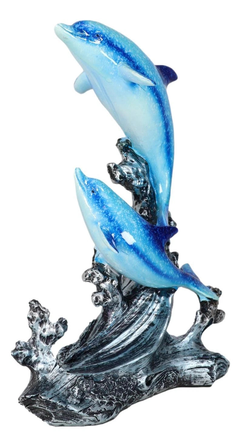 Nautical Marine Sea Ocean 2 Blue Dolphins Leaping Out Of The Reef Waves Figurine-2