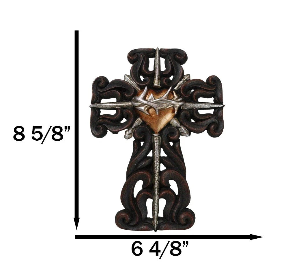 Rustic Sacred Heart Crown of Thorns And Spike Nails Faux Wooden Wall Cross Decor-3