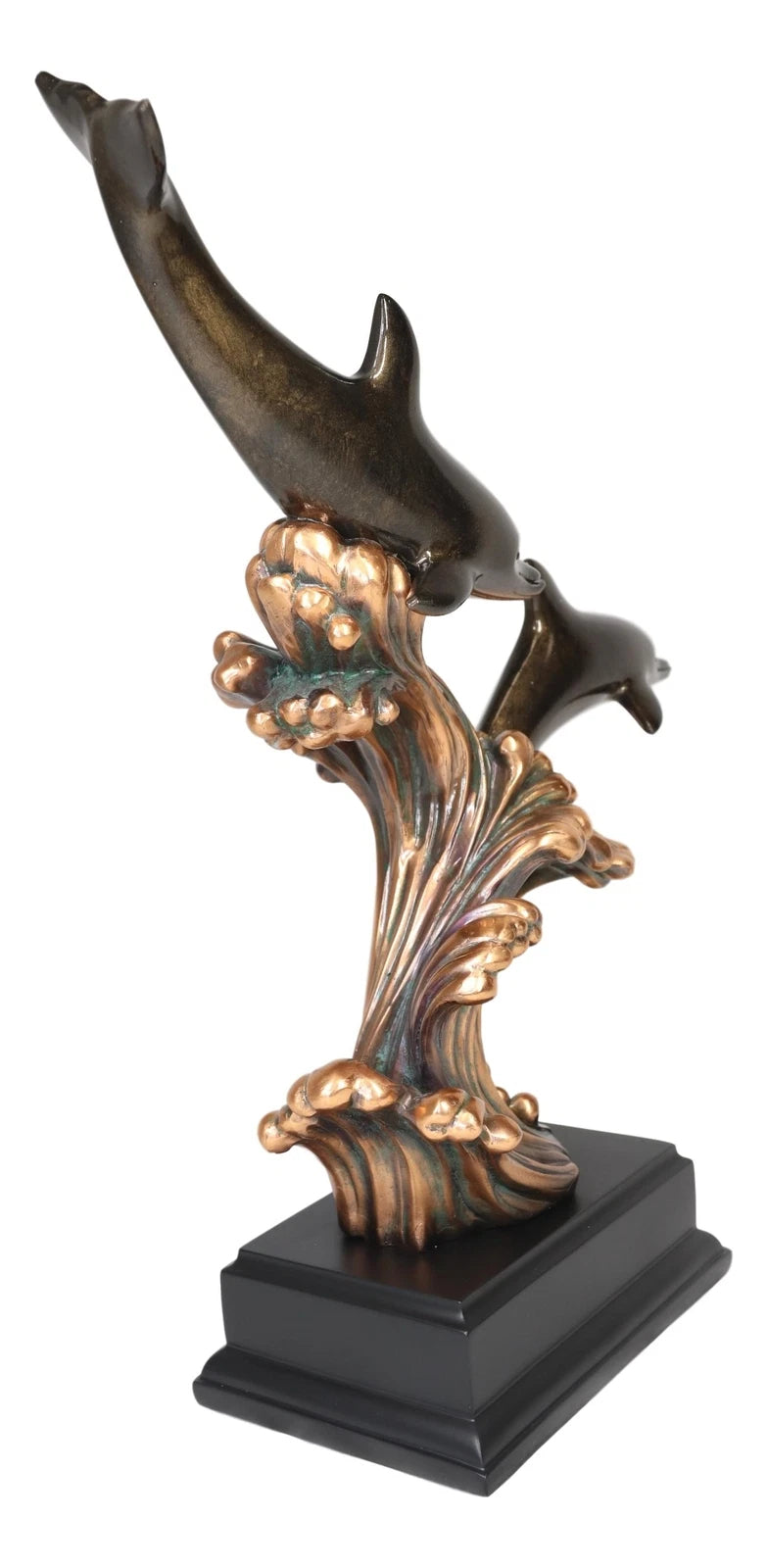 Nautical 2 Dolphins Surfing Ocean Waves Electroplated Bronze Resin Statue-3