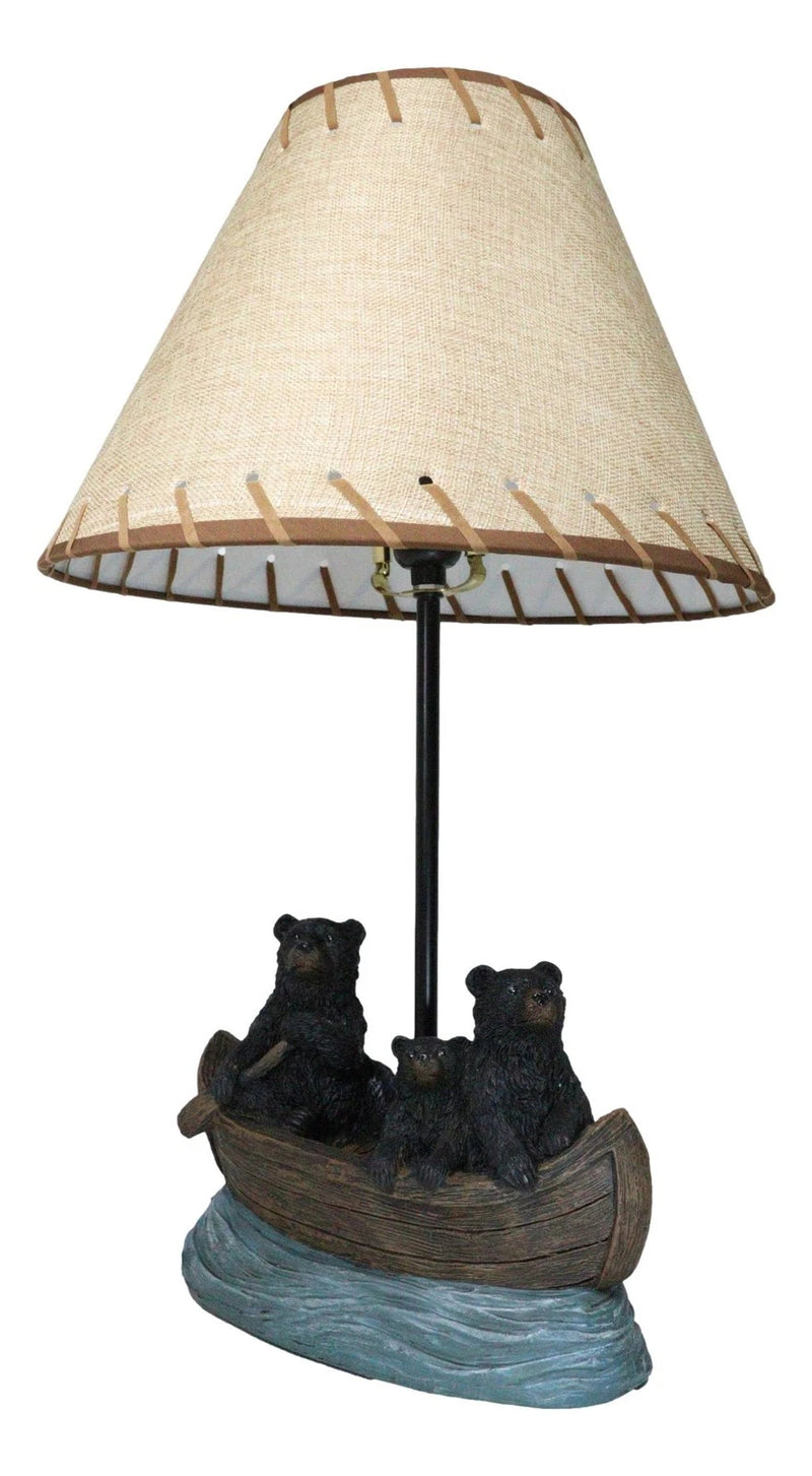 Rustic Woody Forest River Run Black Bears With Cub Rowing Canoe Boat Table Lamp-2