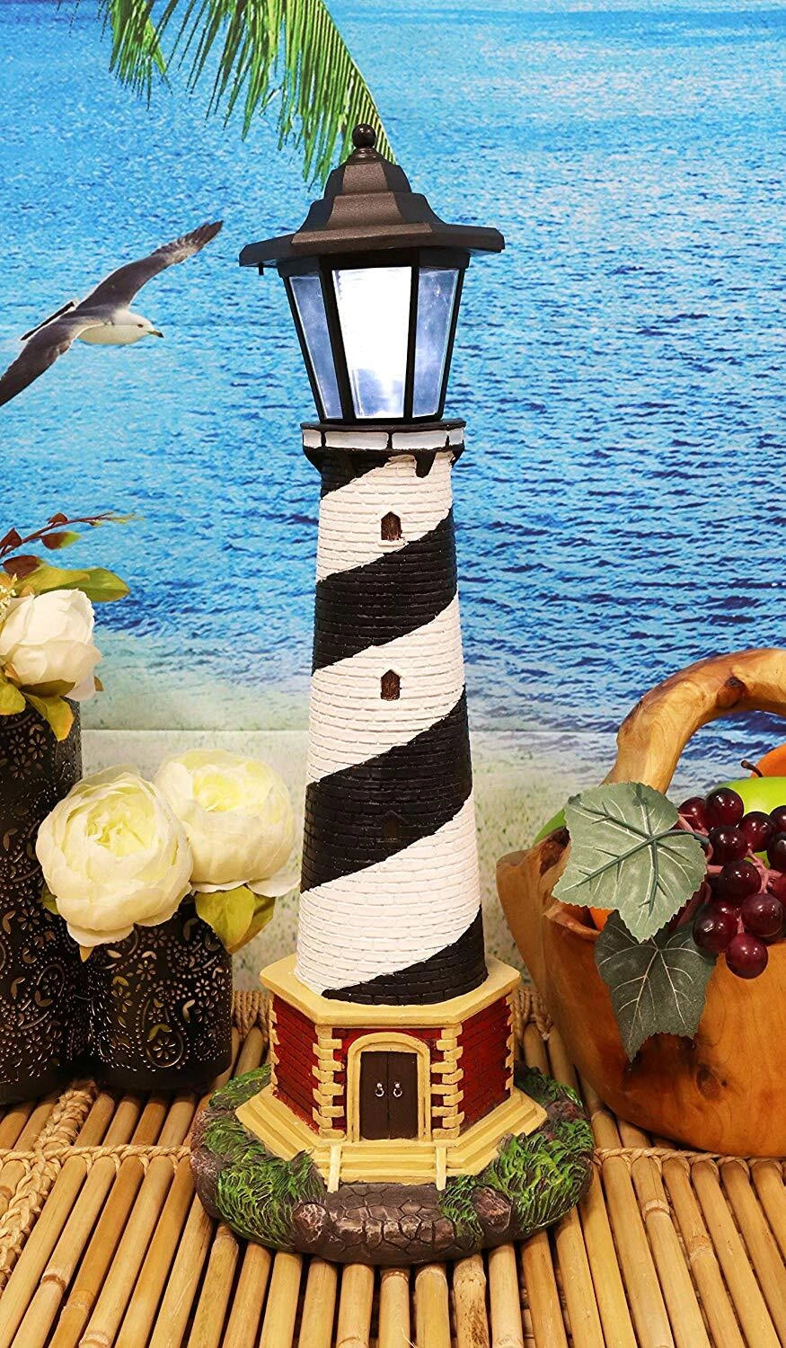 Nautical Cape Hatteras Lighthouse Statue 20.5" Tall with Solar Lantern LED