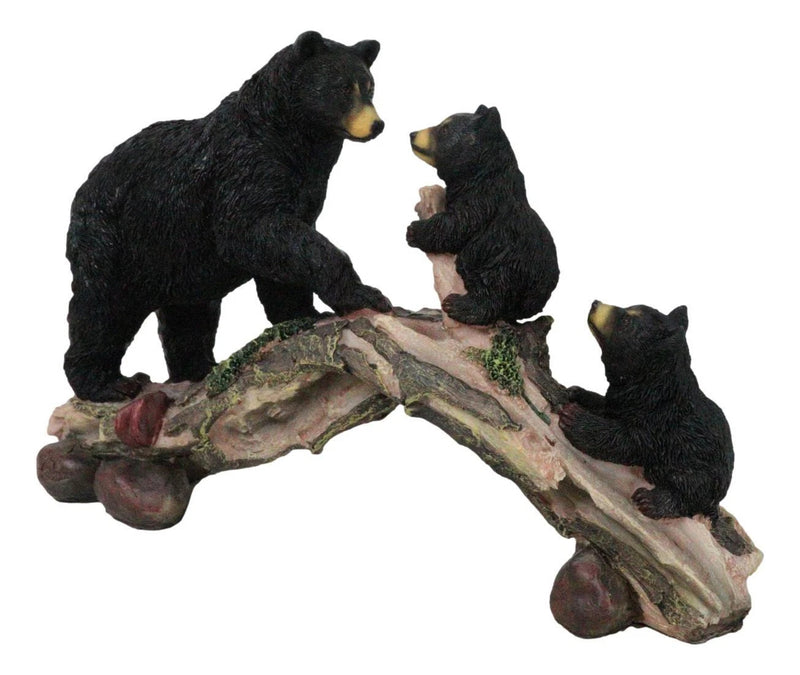 Rustic Forest Black Bear Mother and 2 Cubs Climbing On Tree Log Bridge Figurine-3