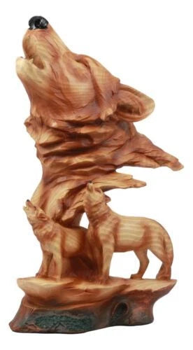Estatua de madera sintética con tres lobos aullando, escena de vida silvestre rocosa, decoración de lobos de madera-2