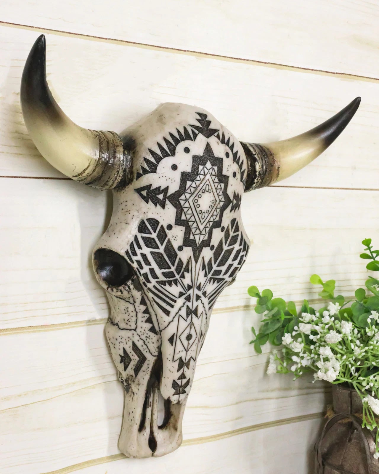 Western Tribal Aztec Vector Tattoo Patterns Horned Cow Skull Wall Decor Plaque-2