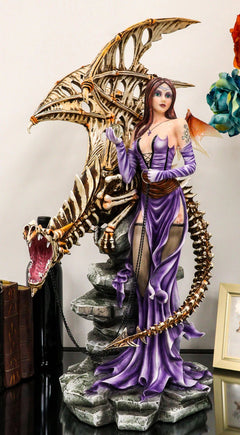 Large 26"H Gothic Soothsayer Psychic Fairy & Bone Skeletal Ghost Dragon Statue-1