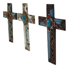Pack Of 3 Rustic Western Tuscany Scrollwork Turquoise Amber Gems Wall Crosses-2
