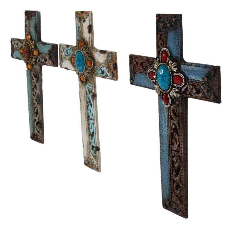 Pack Of 3 Rustic Western Tuscany Scrollwork Turquoise Amber Gems Wall Crosses-2