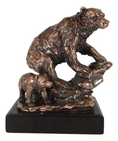 Black Bear Mother With Cub Climbing Rock Bronze Electroplated Resin Statue 9"H-3