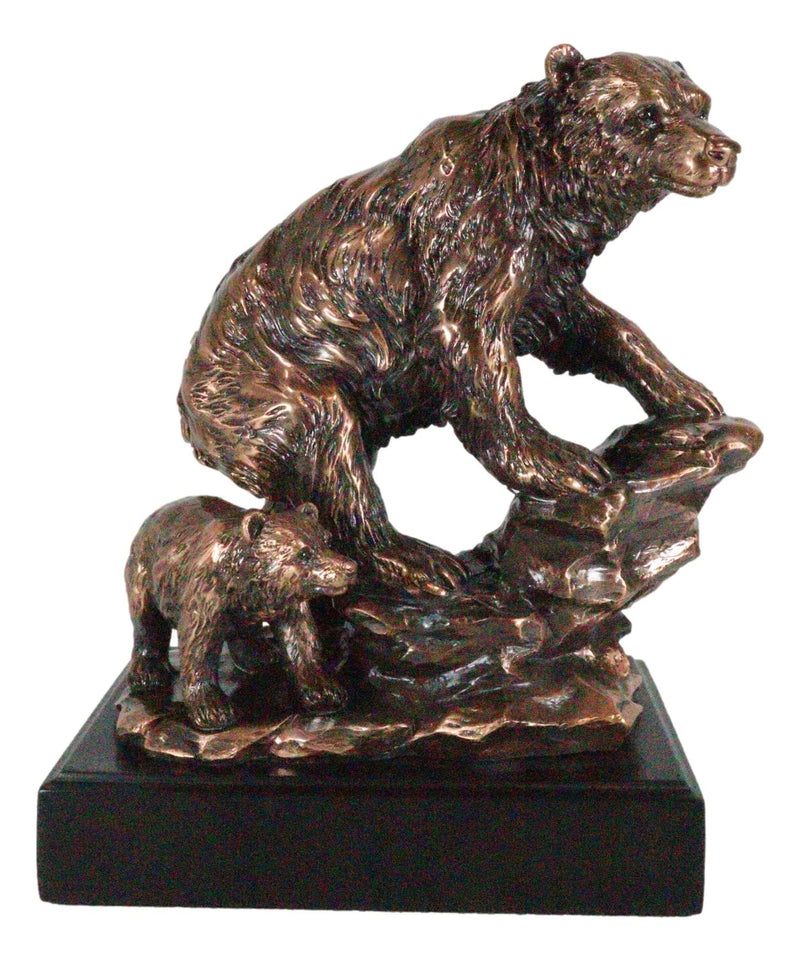 Black Bear Mother With Cub Climbing Rock Bronze Electroplated Resin Statue 9"H-3