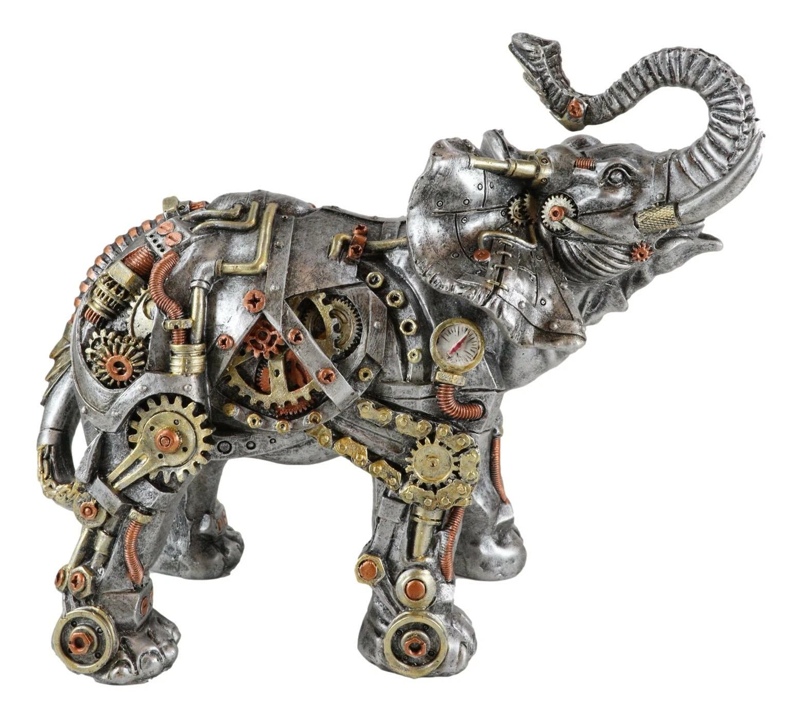 Steampunk Pressure Valve Geared Cyborg Elephant with Trunk Up Figurine-3