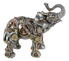 Steampunk Pressure Valve Geared Cyborg Elephant with Trunk Up Figurine-3