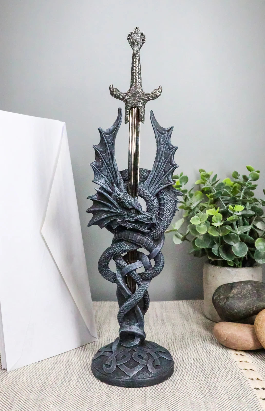 Celtic Beowulf Slitherin Dragon Holding Excalibur Sword Letter Opener Figurine